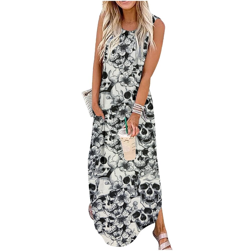 1297 Halloween Dresses Skull Halloween Maxi Dress Halloween Party Sundress